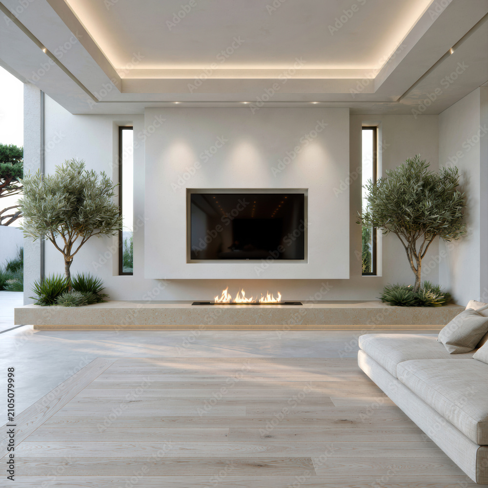 Obraz premium Modern living room with minimal architectural wall design, large television, indoor trees, fireplace, and natural light create serene atmosphere
