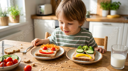 Kid, Breakfast, Child looking at funny sandwiches decorated as happy and sad faces on a kitchen table, Creative vegetable food art for kids, Healthy 