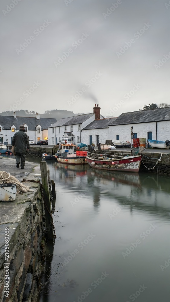 Fototapeta premium Coastal Village Harbor Scene with Boats and Overcast Sky in a Small Fishing Port