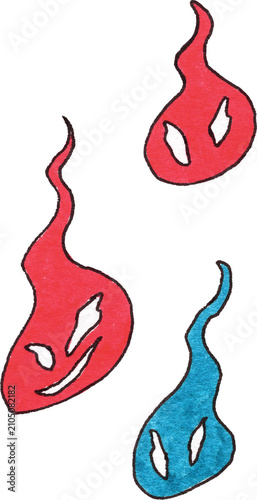 Obraz na plátně Dark red and blue goblin ghost fire flames illustration, hand-drawn colored pencil mythical will-o'-the-wisp for spooky Halloween party theme asset, isolated on transparent background