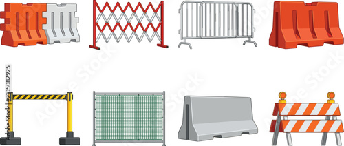 Construction and road safety barriers set vector illustration including fences and traffic control equipment
