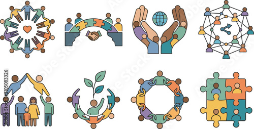 Community and teamwork icon set showing collaboration, diversity, unity, networking, partnership, and social connection concepts