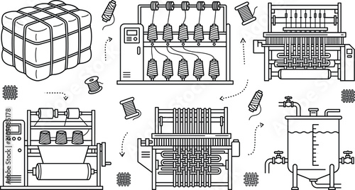 Obraz na płótnie Textile factory manufacturing process vector icon set with loom weaving machine