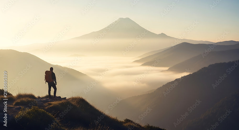 Obraz premium Lone Hiker Looking at Distant Mountain Peak Sunrise Golden Fog Valley Introspection Nature