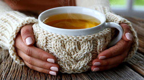 Hands wearing a chunky knit sweater cup cozy hold a steaming mug of tea against a rustic wooden background