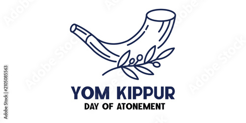 Bild auf Leinwand Yom Kippur Day of Atonement Shofar Horn Line Vector Illustration with Olive Bran