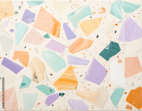 Soft pastel terrazzo texture with irregular marble and stone chips in peach, lavender, mint green and orange tones on cream white background, abstract seamless pattern