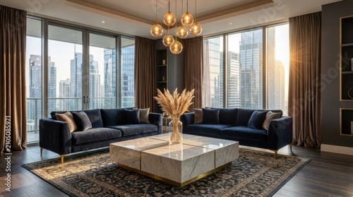 Contemporary living room with blue sofas marble coffee table and large windows view city.