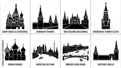Moscow landmark silhouette illustration icon vector collection featuring Saint Basil’s Cathedral, Kremlin towers, Red Square, skyline, bridges, and historic architecture in elegant black design.