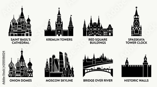 Moscow landmark silhouette illustration icon vector collection featuring Saint Basil’s Cathedral, Kremlin towers, Red Square, skyline, bridges, and historic architecture in elegant black design.