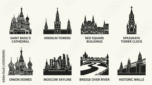 Moscow landmark silhouette illustration icon vector collection featuring Saint Basil’s Cathedral, Kremlin towers, Red Square, skyline, bridges, and historic architecture in elegant black design.