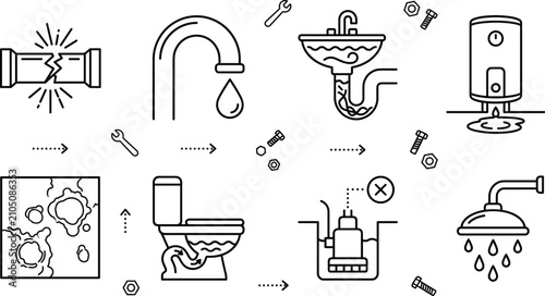 Photos Plumbing problems icons set featuring broken pipe leaking faucet clogged sink br