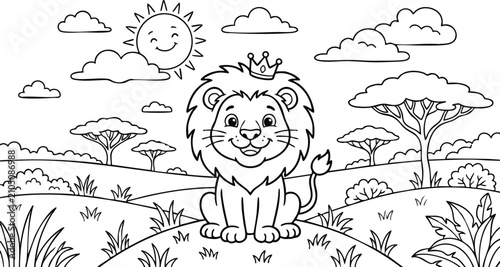 Fotografie Majestic lion wearing a golden crown in savanna landscape