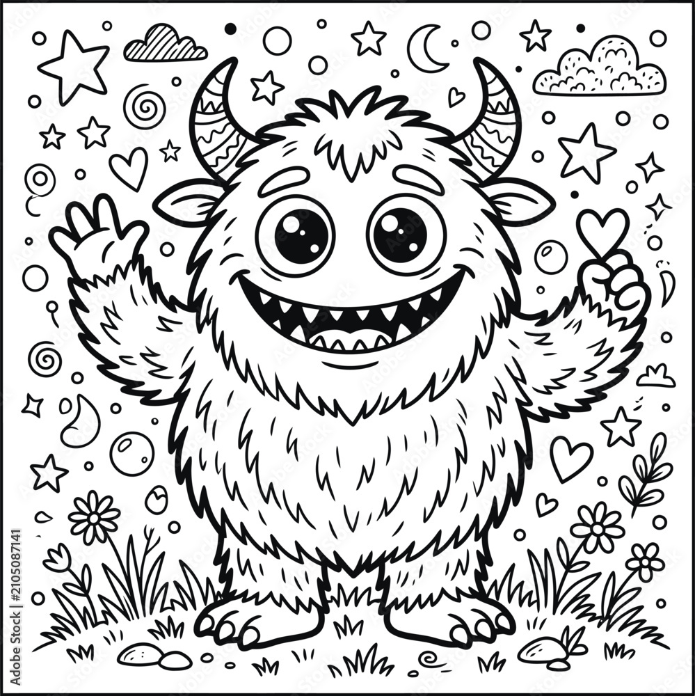 Obraz premium Whimsical monster coloring page adorable furry creature with hearts stars and floral elements for kids
