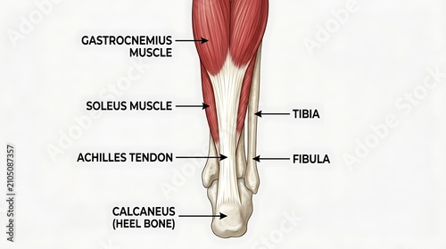 Anatomical diagram of human lower leg muscles and achilles tendon with achilles