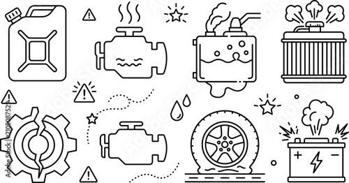 Tableau sur toile Car breakdown engine overheating and mechanical failure line art vector set with