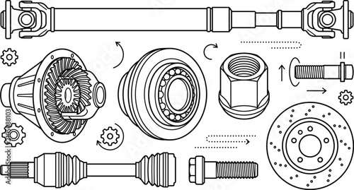 Φωτογραφία Car drivetrain transmission mechanics line art vector set with driveshaft differ