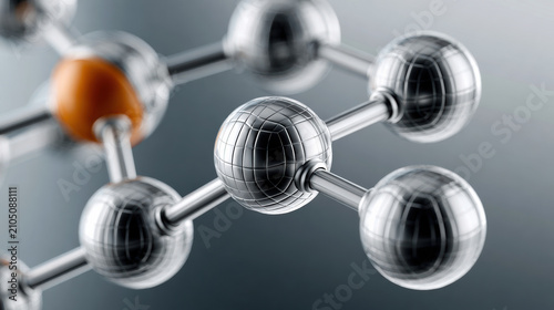 Molecule atom science structure metallic connection technology chemistry 3D visualization. Metallic molecule structure with spherical atoms