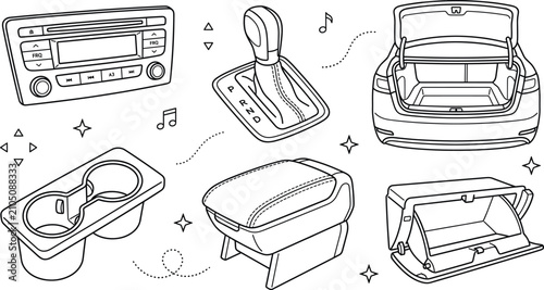 Quadro su tela Car interior accessories and storage line art vector set with radio gear shifter