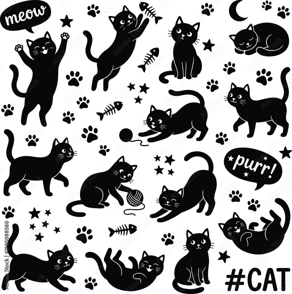 Obraz premium Black cat silhouette collection playful feline graphics for stickers crafts and digital design projects