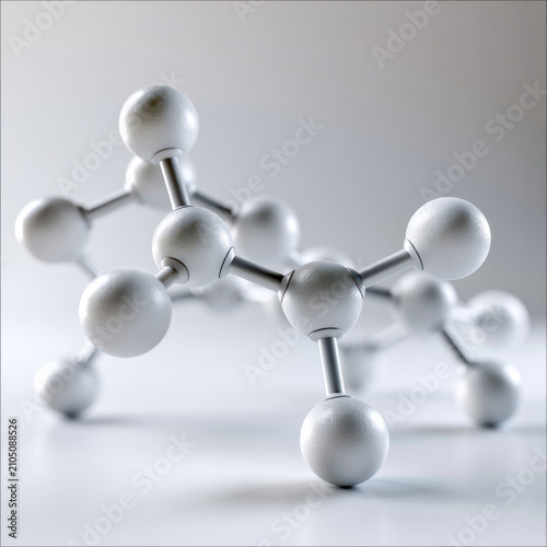 White molecular structure model with smooth spheres and rods, minimalistic science concept, soft lighting, clean background, modern design