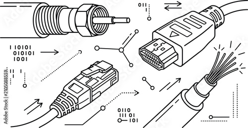 Cuadro en lienzo Network data cable and digital video interface line art vector set with ethernet