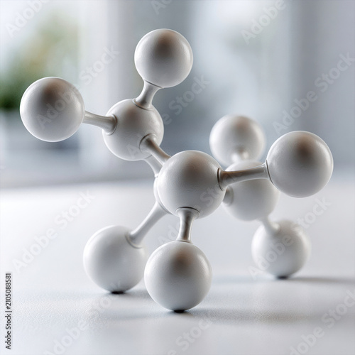 White molecular model with smooth surface, abstract science concept, modern minimal style, soft natural light, focus on structure