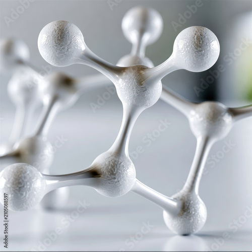 White molecular structure model with smooth texture, abstract science background, closeup, modern laboratory, clean, minimal, high fidelity