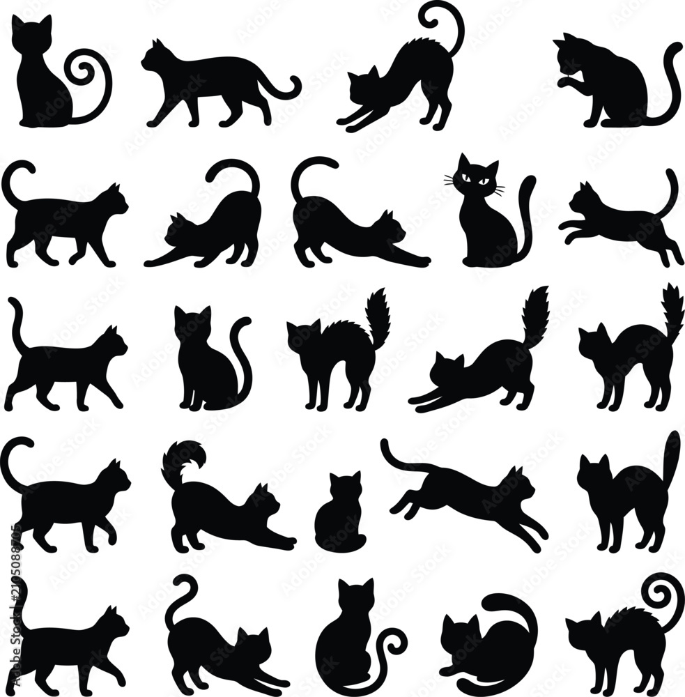 Obraz premium Collection of black cat silhouettes in various poses ideal for halloween or pet themed designs