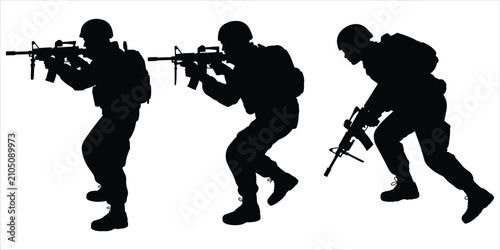 Canvastavla Silhouette of three soldiers in tactical gear aiming assault rifles in different