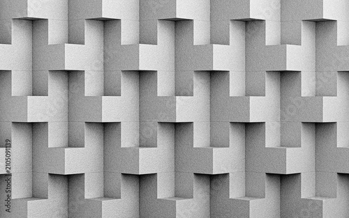 3d rendering. High-resolution abstract 3D geometric concrete pattern with intricate surface texture and repeating architectural forms. Detailed gray cement wall background creating depth, clean lines,