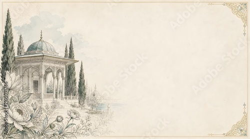 Imperial Ottoman Palace Pavilion Garden Cypress Tree Line Art Parchment Banner