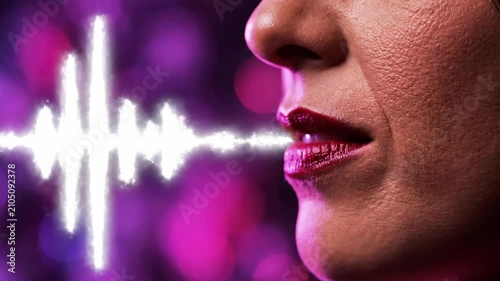 Woman speaking with glowing digital sound wave visualization.