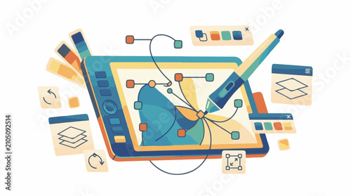 Digital illustration of a graphics tablet with design elements