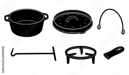 Foto Traditional Outdoor Dutch Oven Cooking and Campfire Cookware Silhouette Icon Set