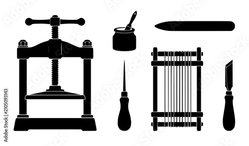 Quadro su tela Vintage Bookbinding and Traditional Printing Equipment Silhouette Icon Set Featu