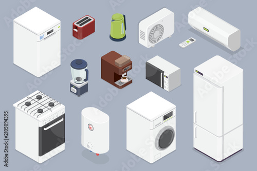Household electronic appliances set. Kitchen devices, refrigerator, microwave, dishwasher, electric kettle, blender, toaster, air conditioner, boiler. 3d flat isometric vector illustration.