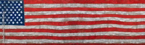 American flag painted on rustic burlap fabric. Patriotic USA background with vintage texture for national holidays, elections, and design.
