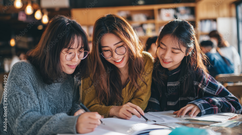 Obraz premium Three young women working together on study materials in a warm and inviting cafe atmosphere