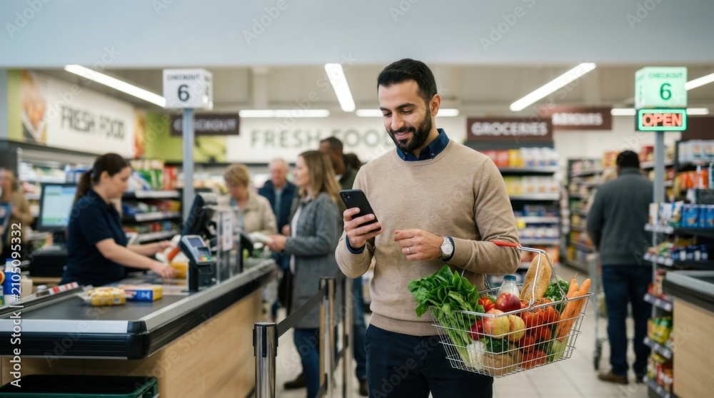 Fototapeta premium Customer Holding Shopping Basket filled with Groceries at Supermarket Cashier counter