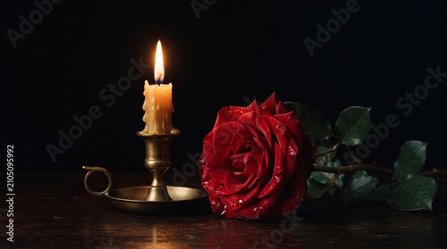 Vibrant red rose lying beside a glowing candle in a vintage brass holder against a dark moody black background