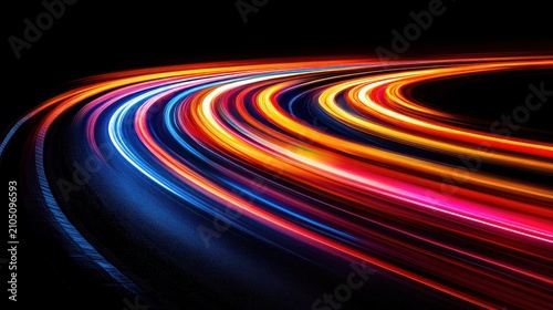 Colorful light trails curve on a black background