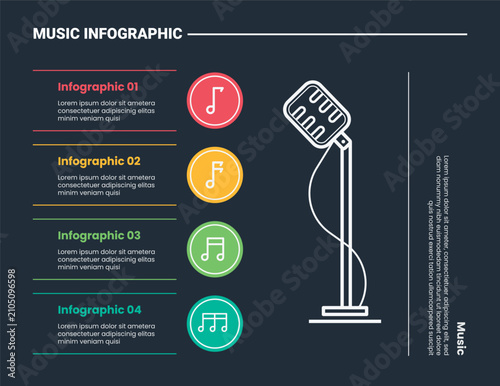 Music infographic template with 4 point microphone stand icon with numbered circle note list divider