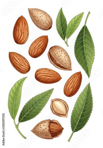 Detailed almond nuts with green leaves botanical set isolated white background