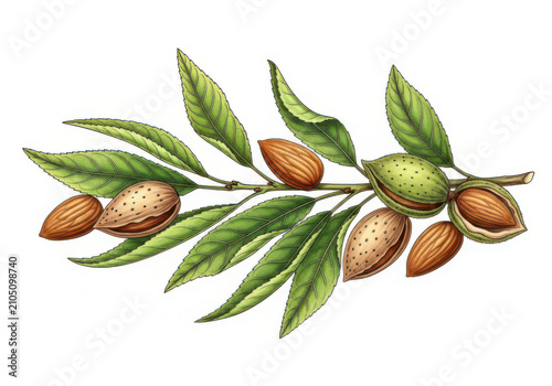 Fresh almond branch with green leaves and ripe nuts botanical isolated white background