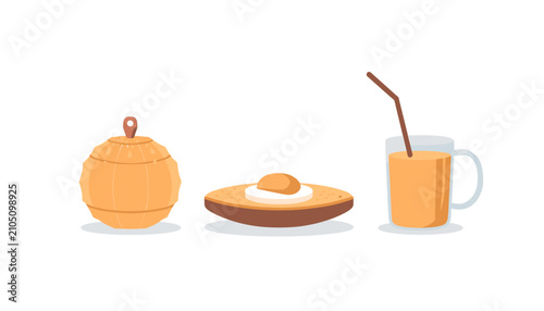 Quadro su tela Set of breakfast icons featuring a sugar bowl a pancake and a glass of orange juice