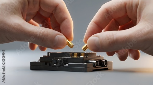 Hands assembling high frequency RF coaxial connectors onto a specialized electronic circuit module.
