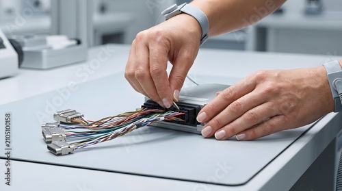 Technician assembling electronic control unit with wire harnesses in laboratory.