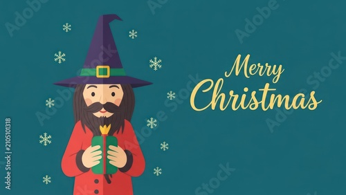 Wizard character in purple hat holding a christmas gift