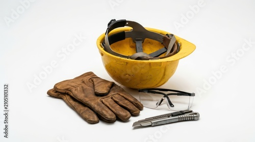 Construction safety gear including helmet gloves and goggles
